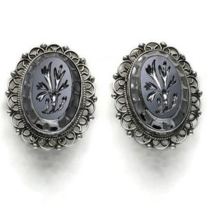 Mexico Sterling Silver Black Intaglio Cocktail Earrings